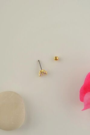 Pembe Taşlı Kelebek Piercing Helix Kıkırdak Lob Gold Renkli