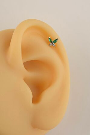 Yeşil Taşlı Kelebek Piercing Helix Kıkırdak Lob Gümüş Renkli