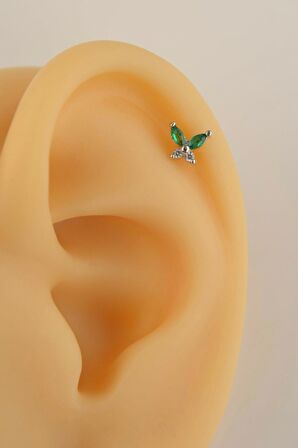 Yeşil Taşlı Kelebek Piercing Helix Kıkırdak Lob Gümüş Renkli