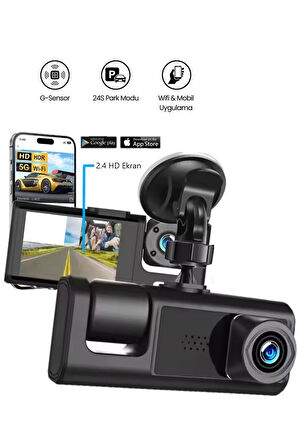 Araç İçi Wi-fi Güvenli Sürüş Kamerası SHD Ön İç 2 Kameralı G-sensör Mobil Uygulama İle Kolay İzleme