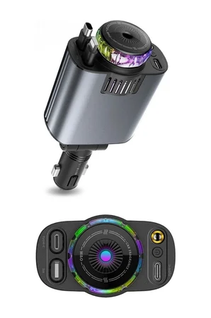 45W Işıklı ve Kokulu Araç Şarj Cihazı | Çift Çekilebilir Kablo | USB-C & iOS Uyumlu | Hızlı Şarj