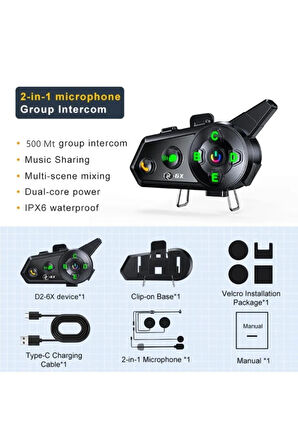 500 Mt Intercom 6 Eşleşmeli Müzik Paylaşımlı Kask Kulaklık D-2PR 6X Su Geçirmez Motosiklet Intercom