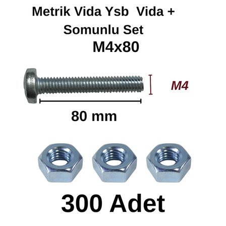 TUĞRA HIRDAVAT M4x80mm Metrik Vida Ysb - Somunlu 300'lü Takım