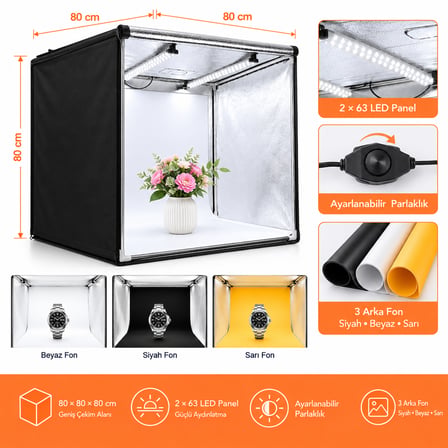 Luve Store 80x80x80 cm Profesyonel LED Fotoğraf Çekim Çadırı 126 LED 84W Ürün Fotoğraf Stüdyosu Lightbox