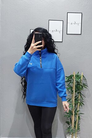 Mavi Şardonlu Oversize Sweat