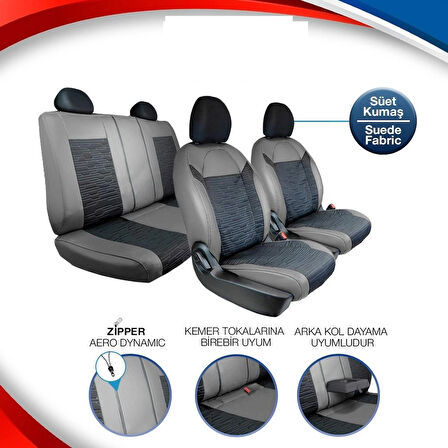 Bmw 3 SERİSİ 323 Deri Detaylı Süet Oto Koltuk Kılıfı Ön Arka Set Premium Tasarım Gri Siyah FS
