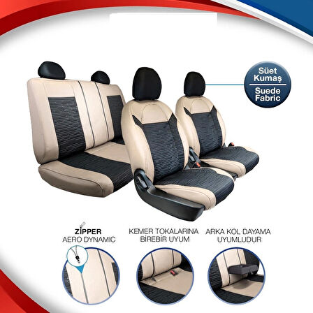 Kia Retona Deri Detaylı Süet Oto Koltuk Kılıfı Ön Arka Set Premium Tasarım Bej Siyah SC
