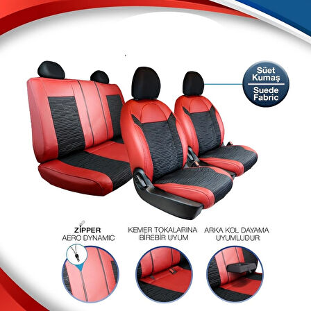 Citroen C2 Deri Detaylı Süet Oto Koltuk Kılıfı Ön Arka Set Premium Tasarım Kırmızı Siyah SC
