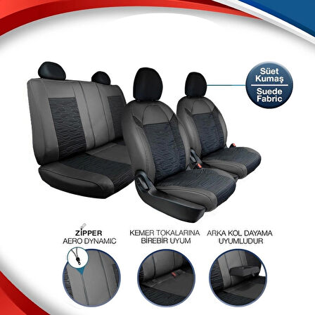 Peugeot 2008 Deri Detaylı Süet Oto Koltuk Kılıfı Ön Arka Set Premium Tasarım Siyah SC