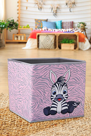 Zebra Baskılı Pudra Pembe Renk Kapaksız Kutu 30x30x30 Cm
