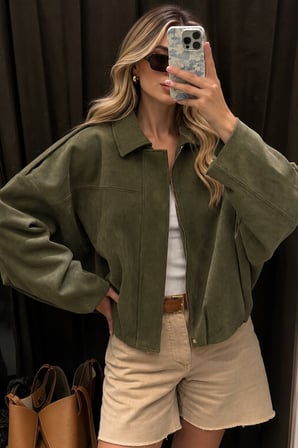 PRİFALDİ ZR Oversize Haki Kadın Süet Bomber Ceket