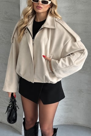 PRİFALDİ ZR Oversize Bej Kadın Süet Bomber Ceket