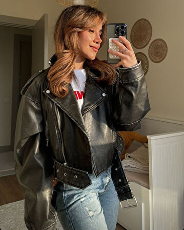 PRİFALDİ SUNİ DERİ CROP BIKER CEKET