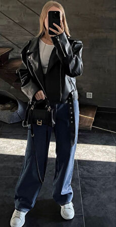 PRİFALDİ SUNİ DERİ CROP BIKER CEKET