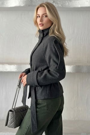 PRİFALDİ Vintage ZR Kadın Dik Yaka Kuşaklı Kısa Astarlı Rahat Kalıp FÜME Kaşe Kaban
