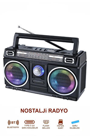 Nostalji Radyo RGB Işıklı 10W Gücünde Kaliteli Yüksek Sesli Çift Hoparlör