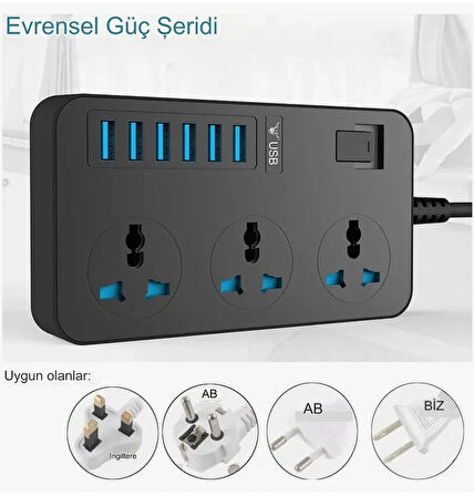 3000W Güç Şeridi Dalgalanma Koruyucusu 3 AC Çıkışları ve 6 USB Şarj Portu  Akım Korumalı Grup Priz