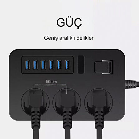 3000W Güç Şeridi Dalgalanma Koruyucusu 3 AC Çıkışları ve 6 USB Şarj Portu  Akım Korumalı Grup Priz