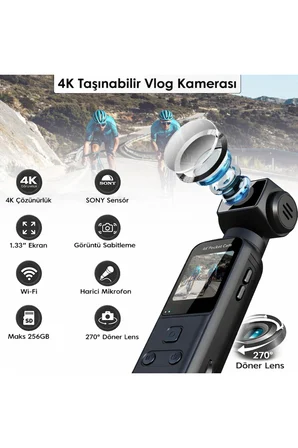 4K Ultra HD Mini Aksiyon Vlog Kamerası | Wi-Fi , 270° Döner Lens EIS Stabilizasyon +Su Geçirmez Kabı