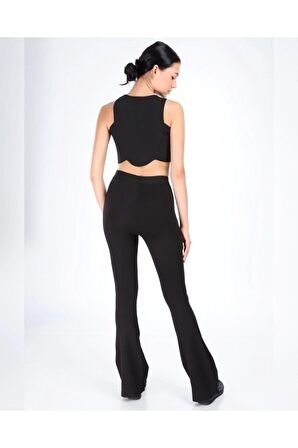 Kadın Siyah Yüksek Bel İspanyol Paça Çelik Örme Tayt 2080