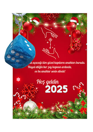 Yeni Yıl Geyik Kart Üzerinde Anahtarlık (Kişiye Özel Yazı Yazdırılabilir) Zar Model