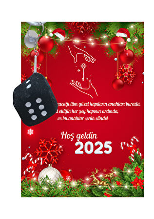 Yeni Yıl Geyik Kart Üzerinde Anahtarlık (Kişiye Özel Yazı Yazdırılabilir) Zar Model