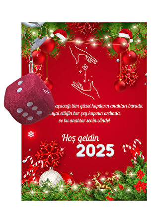 Yeni Yıl Geyik Kart Üzerinde Anahtarlık (Kişiye Özel Yazı Yazdırılabilir) Zar Model