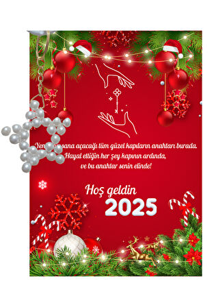 Yeni Yıl Geyik Kart Üzerinde Anahtarlık (Kişiye Özel Yazı Yazdırılabilir) Yıldız Model