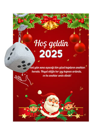 Yeni Yıl Noel Baba Kart Üzerinde Anahtarlık (Kişiye Özel Yazı Yazdırılabilir) Zar Model