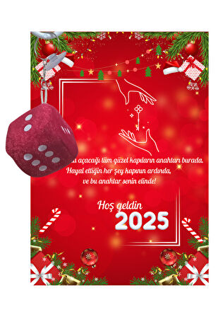 Yeni Yıl 2025 Kart Üzerinde Anahtarlık (Kişiye Özel Yazı Yazdırılabilir) Zar Model 5 Adet