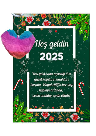 Yeni Yıl Kart Üzerinde Anahtarlık (Kişiye Özel Yazı Yazdırılabilir) Renkli Kalp