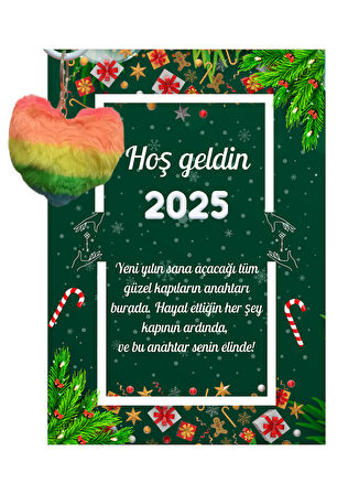 Yeni Yıl Kart Üzerinde Anahtarlık (Kişiye Özel Yazı Yazdırılabilir) Renkli Kalp