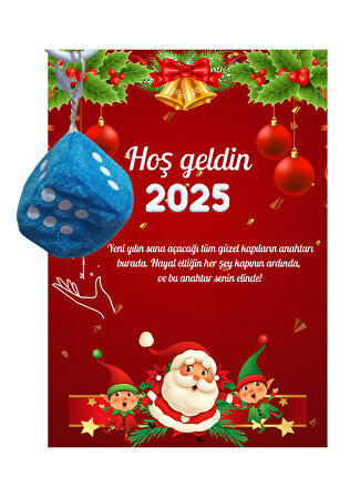 Yeni Yıl Noel Baba Kart Üzerinde Anahtarlık (Kişiye Özel Yazı Yazdırılabilir) Zar Model 5 Adet