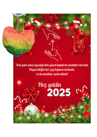 Yeni Yıl Geyik Kart Üzerinde Anahtarlık (Kişiye Özel Yazı Yazdırılabilir) Renkli Kalp 5 Adet