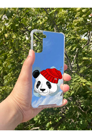 Samsung S21 Plus Uyumlu Aynalı Şapkalı Panda Desenli Darbe Kamera Korumalı Silikon Telefon Kılıfı