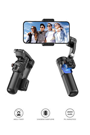 3 Eksenli Akıllı Telefon Gimbal Tripodlu El Stabilizatörü, 2600 mAh iPhone ve Android ile Uyumlu M02