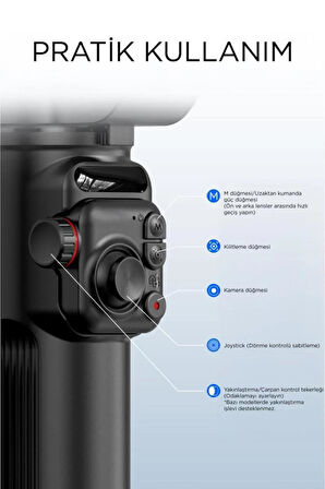 3 Eksenli Akıllı Telefon Gimbal Tripodlu El Stabilizatörü, 2600 mAh iPhone ve Android ile Uyumlu M02