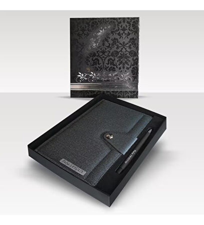 Kişiye Özel Kutulu 2026 Tarihli Mıknatıs Kilitli Antrasit Ajanda ve Kalem Seti