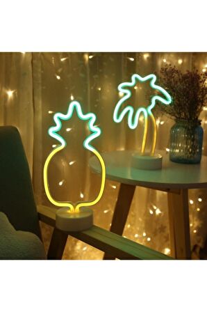 Tropikal Palmiye Ananas Kaktüs 3'lü Usb Ve Pilli Neon Led Lamba Masa Gece Led Işık