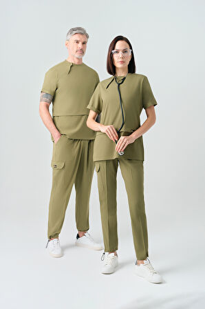 Haki Zero Best Likra Scrubs Takım Çift Yönlü Esnek Kumaş Doktor Hemşire Üniforması