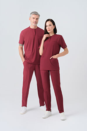 Bordo Cool Best Likra Scrubs Takım Çift Yönlü Esnek Kumaş Doktor Hemşire Üniforması