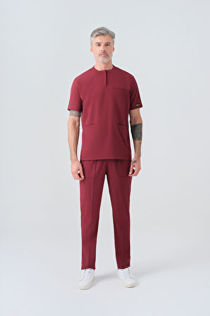 Bordo Cool Best Likra Scrubs Takım Çift Yönlü Esnek Kumaş Doktor Hemşire Üniforması