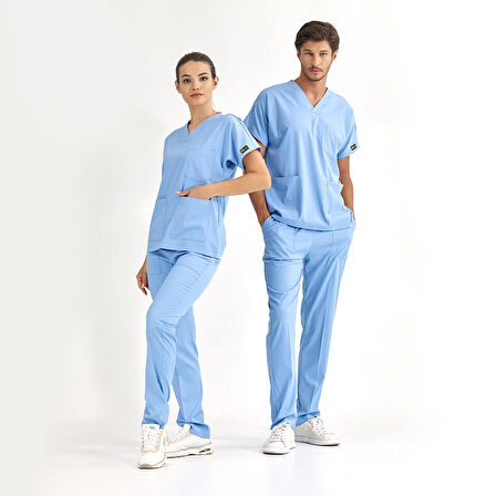 Açık Mavi Lüks Likralı Üniforma Takımlar Yüksek Kaliteli Likralı Scrubs