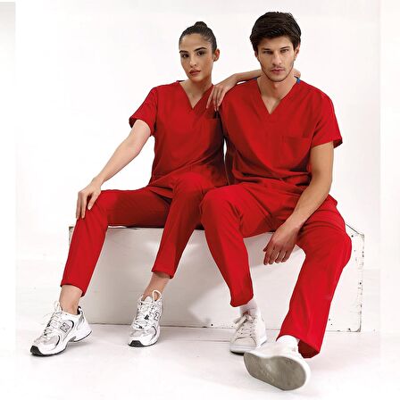 Kırmızı Lüks Likralı Üniforma Takımlar Yüksek Kaliteli Likralı Scrubs