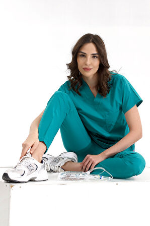 Açık Petrol Yeşili Lüks Likralı Greys Alt Üst Takım Doktor Hemşire Scrubs Üniforma