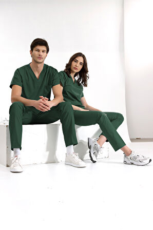 Avcı Yeşili Lüks Likralı Greys Alt Üst Takım Doktor Hemşire Scrubs Üniforma