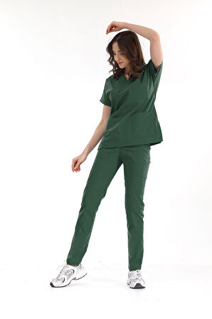Avcı Yeşili Lüks Likralı Greys Alt Üst Takım Doktor Hemşire Scrubs Üniforma