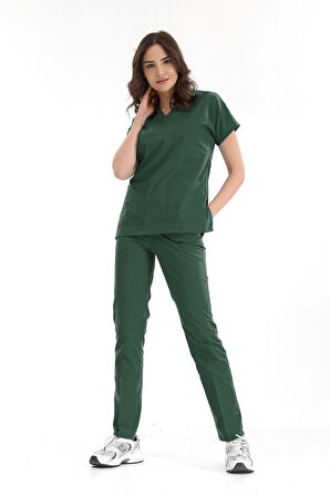 Avcı Yeşili Lüks Likralı Greys Alt Üst Takım Doktor Hemşire Scrubs Üniforma