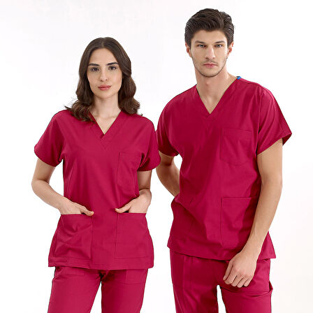 Vişne Likralı Üniforma Takımlar Yüksek Kaliteli Likralı Scrubs