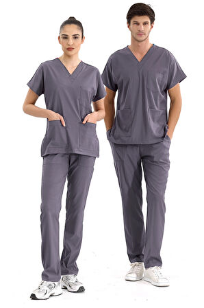 Kurşuni Gri Lüks Likralı Greys Alt Üst Takım Doktor Hemşire Scrubs Üniforma